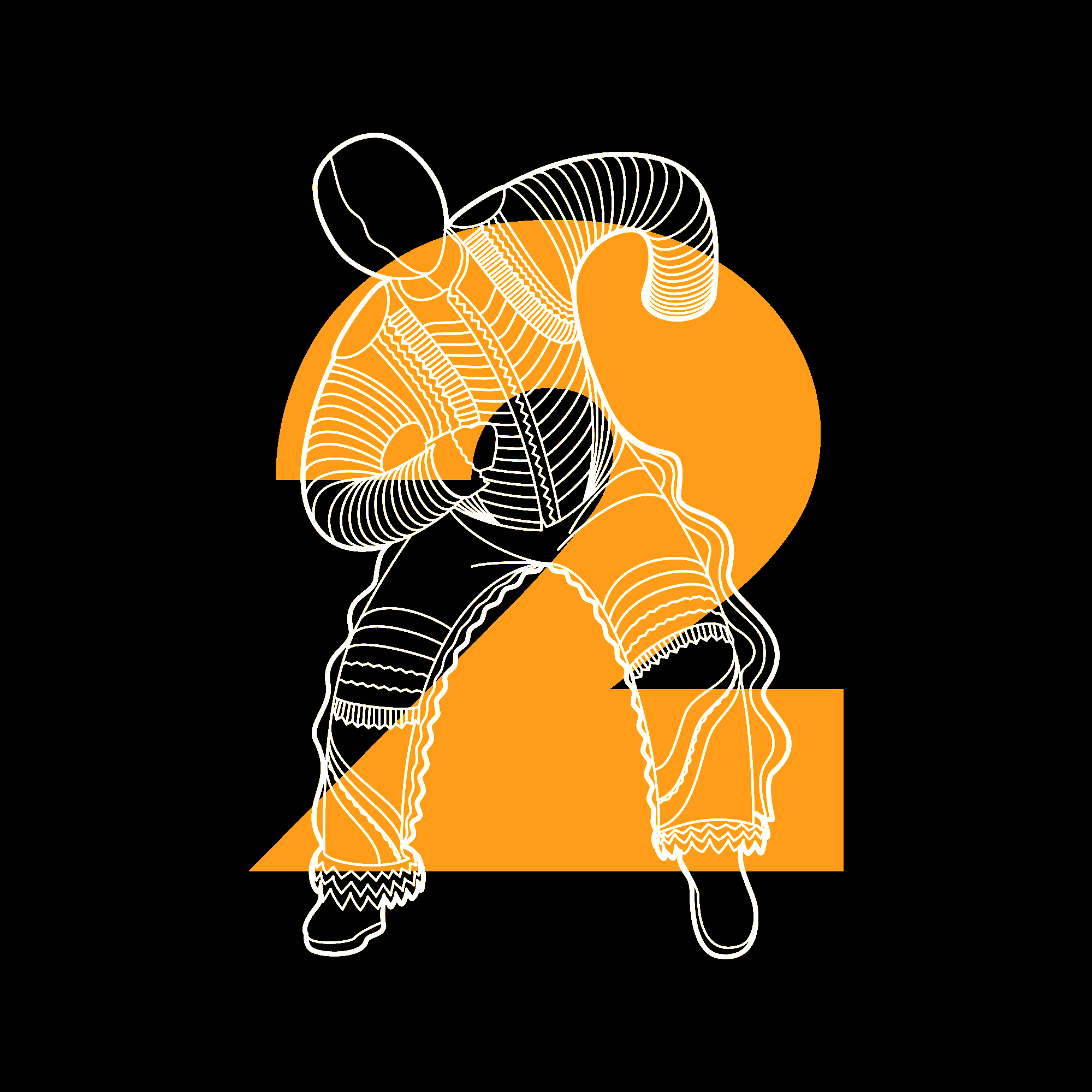 From the Motobi graphic tshirt collection: ornate line art of fancy dress motobi dancer from Ghana, throwing shapes. Labelled: '2'.