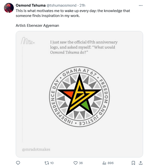 Twitter screenshot: Osmond Tshuma shares my logo and muses on what it means to be an inspiration to other designers