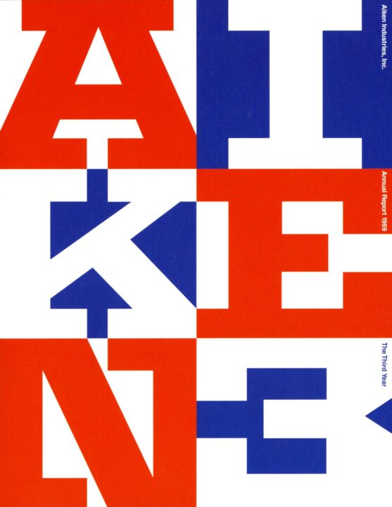 Colourful poster in red, blue and white, with heavy modular capitals reading 'Aiken-3'.