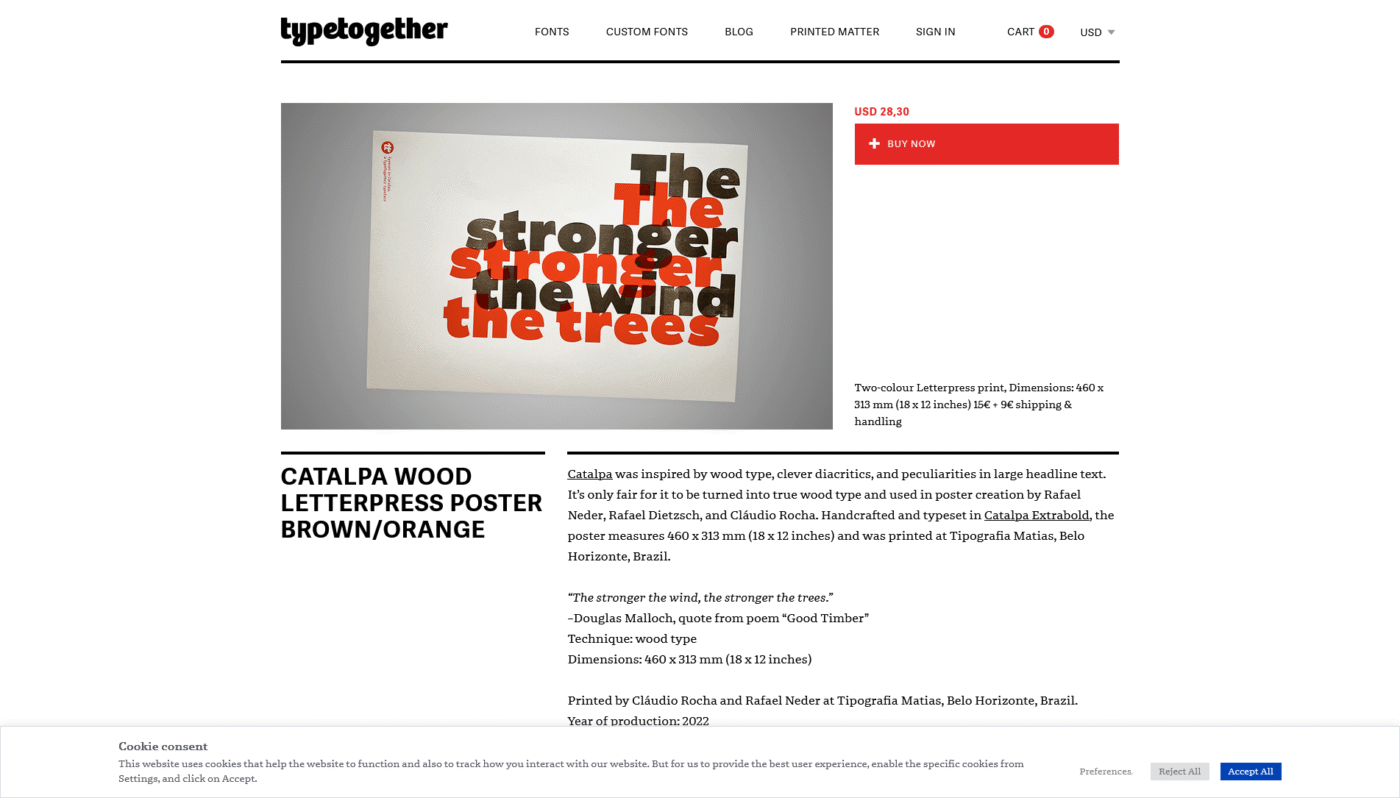 Screenshot of a product page from TypeTogether, showing a poster with two sentences overlapping each other in black and red.