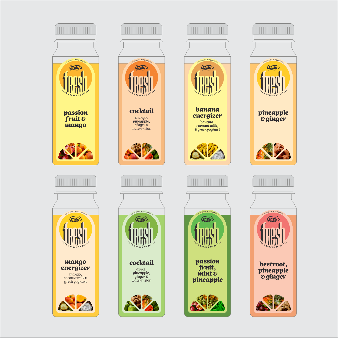 Flat illustrated mockup of eight variants of Grey's Fresh juice labels, each with a different palette and photos of key ingredients