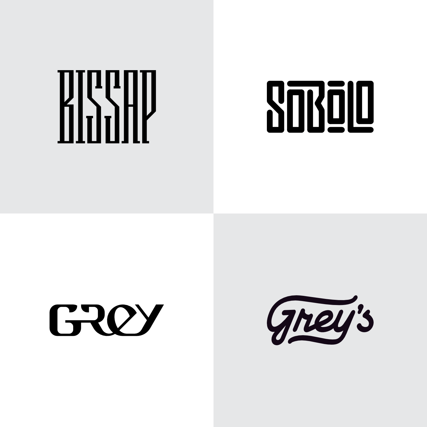 Monchrome type logos designed by Ebenezer Agyeman. They read: 'Bissap', 'Sobolo', 'Grey', and 'Grey's'.