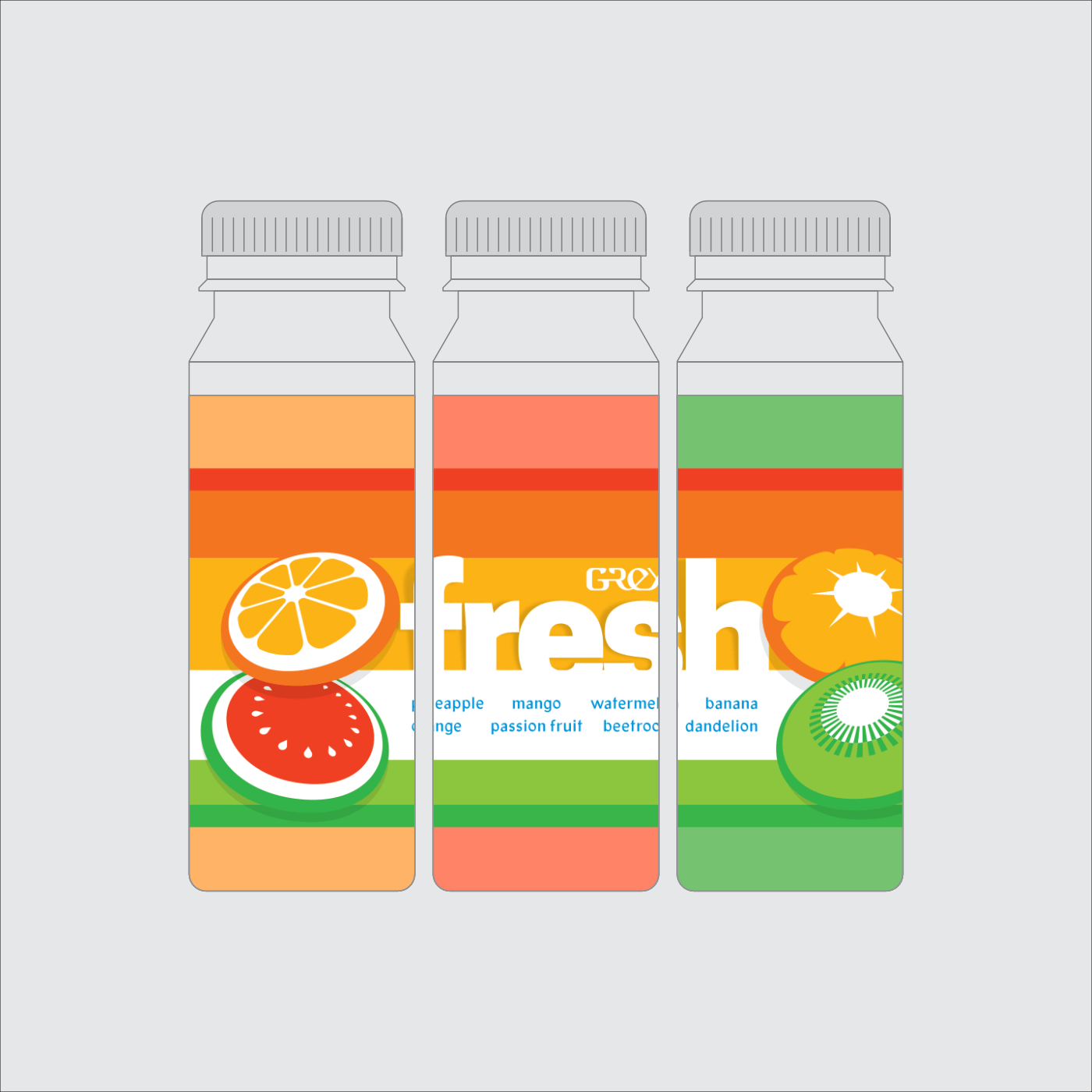 Flat illustrated mockup of Grey Fresh juice labels, with colourful illustrations of fruit, and large bands of bright colour 