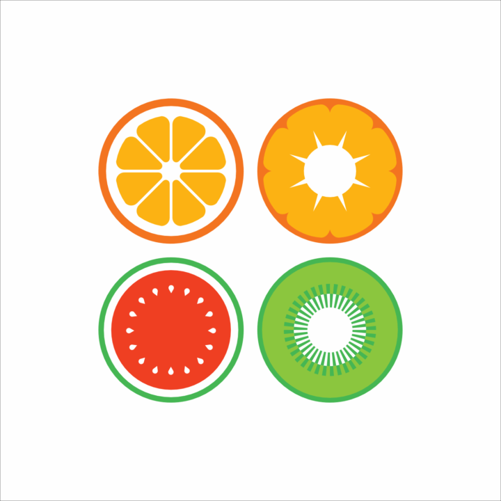 Four colourful discs showing seeds and segments of fruits