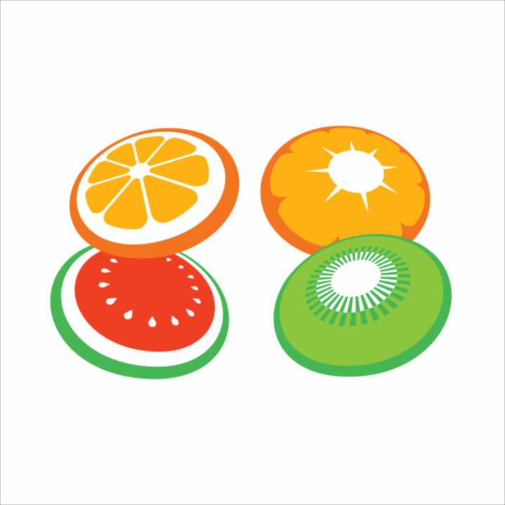 The four fruit discs, skewed in different directions