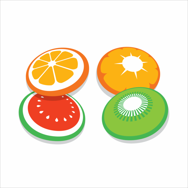 Four fruit discs, each underlaid with a semi-transparent flat shadow