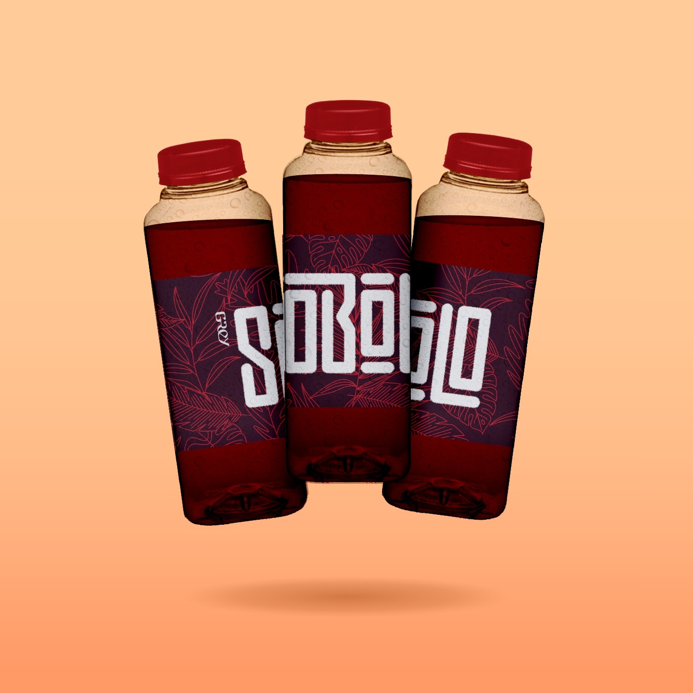 A photo-realistic mockup of three bottles of Grey Sobolo drink, with the labels designed by mradot.com