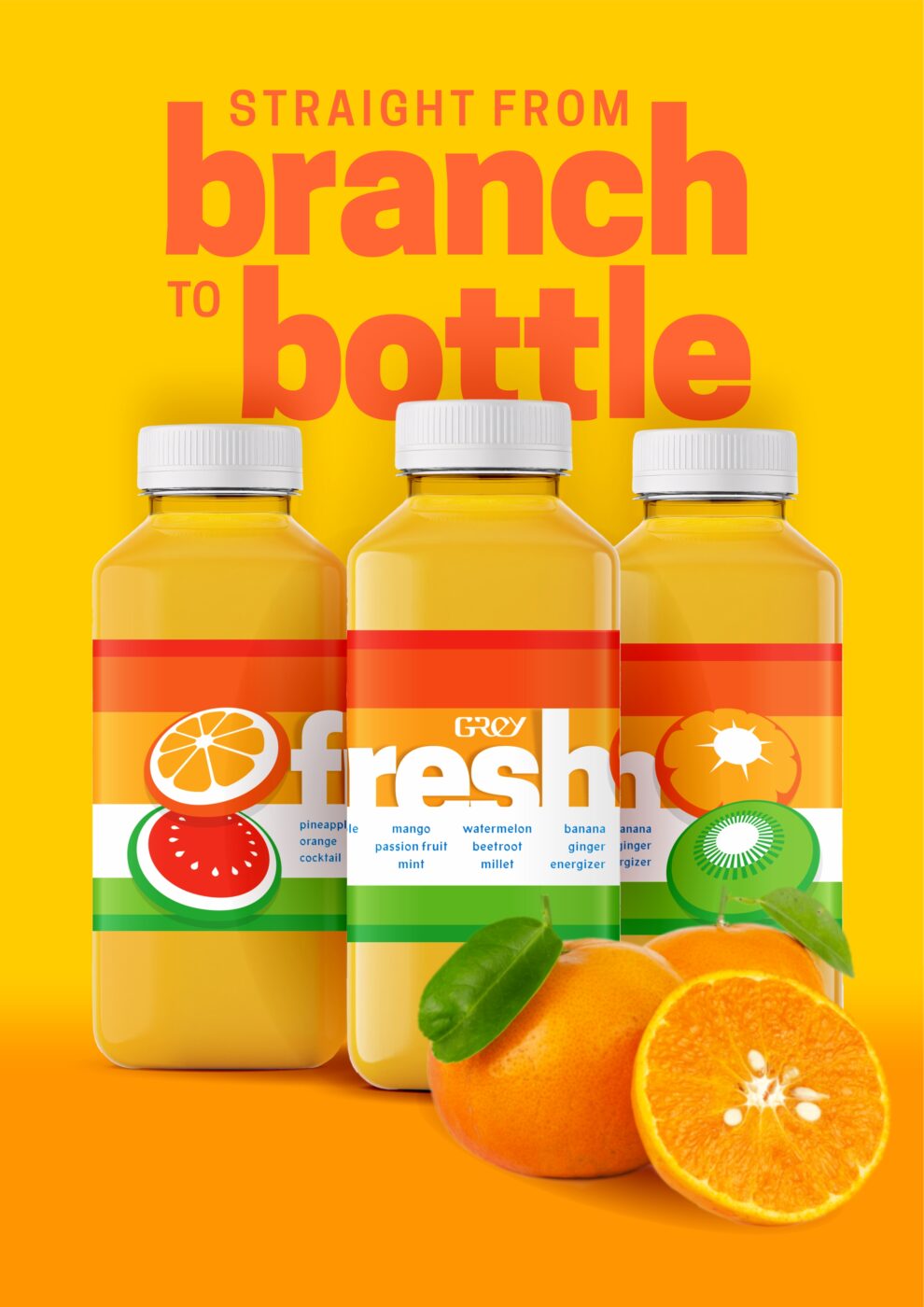 'Straight from branch to bottle': advertising poster featuring mockup of three orange juice bottles with Grey Juice labels