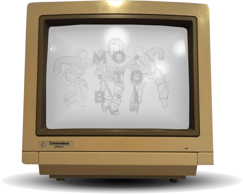 An old Commodore monitor showing monochrome line art from the Motobi tashirt collection